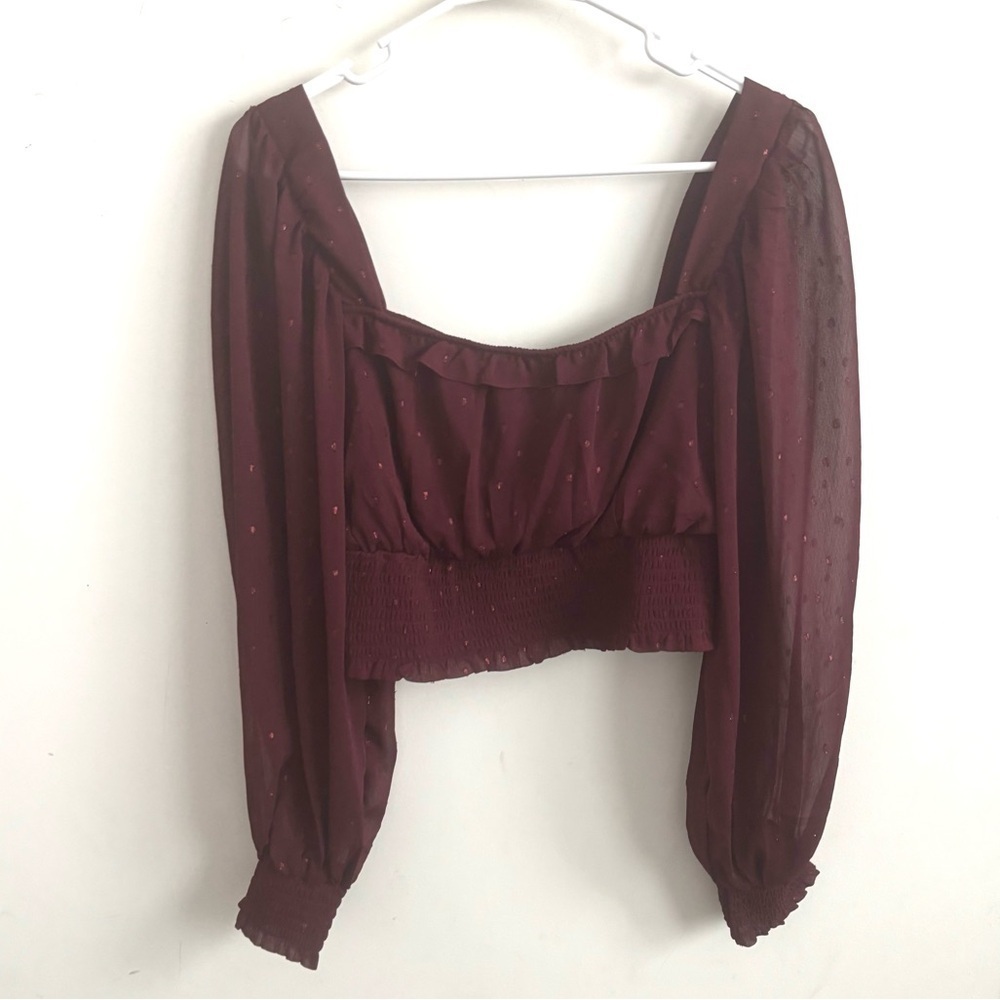 Milkmaid Boho Women’s Crop Top Maroon Chiffon Smocked Waist Romantic Cottagecore